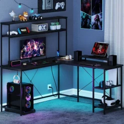 Engineered Wood L-Shaped Desk with LED Lights and Charging Ports