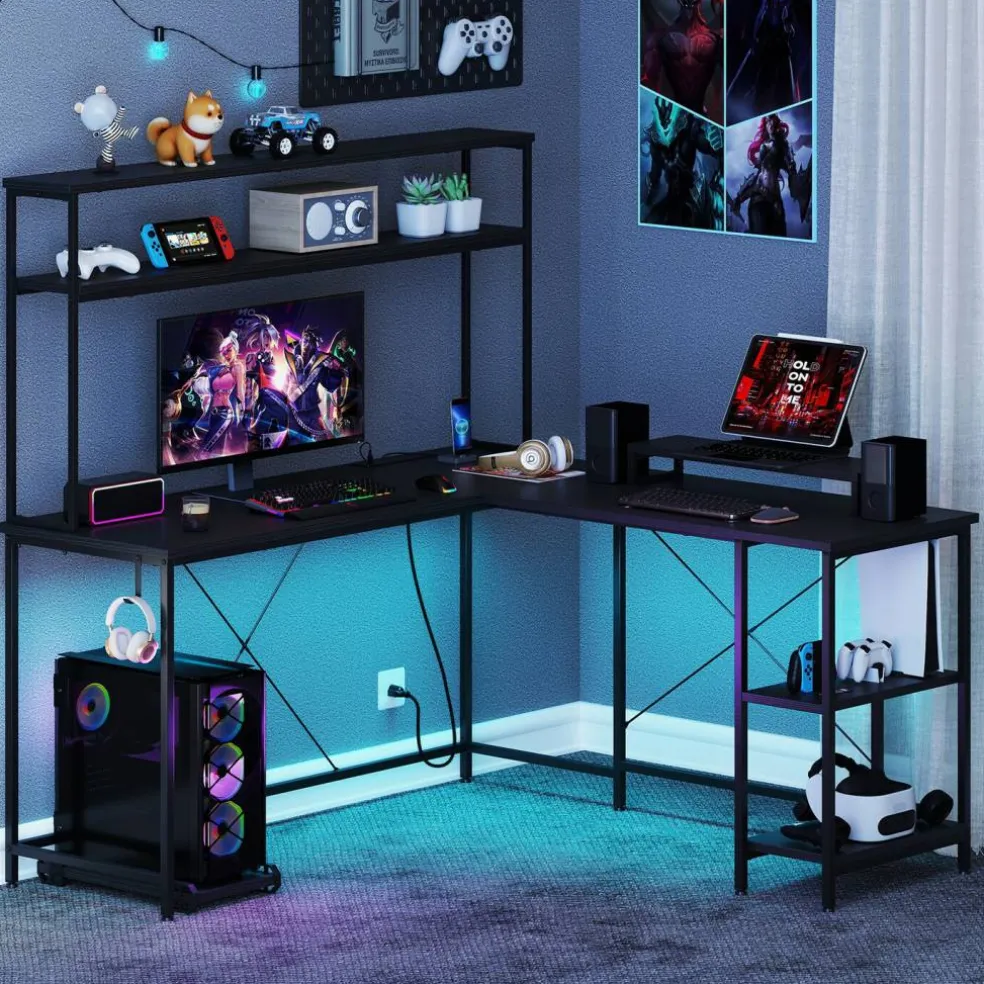 Engineered Wood L-Shaped Desk with LED Lights and Charging Ports