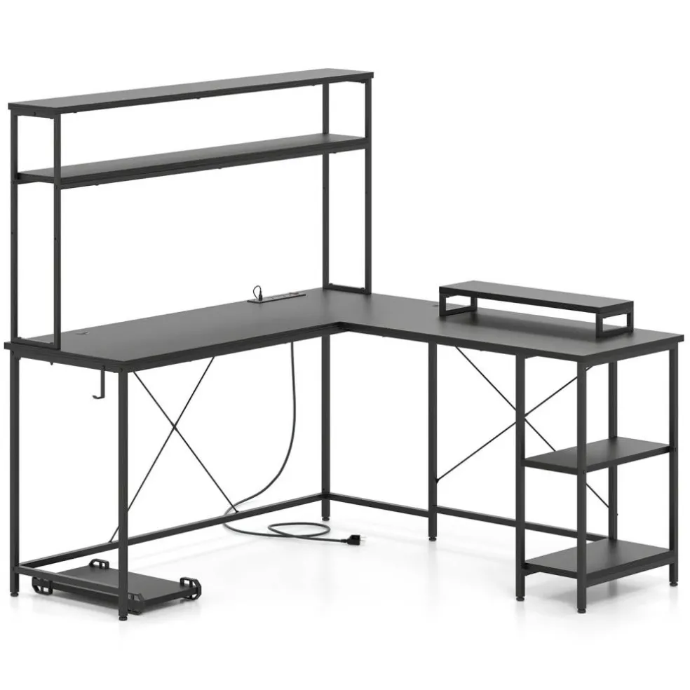 Engineered Wood L-Shaped Desk with LED Lights and Charging Ports