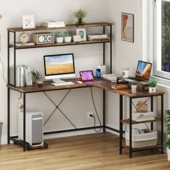 Engineered Wood L-Shaped Desk with LED Lights and Charging Ports