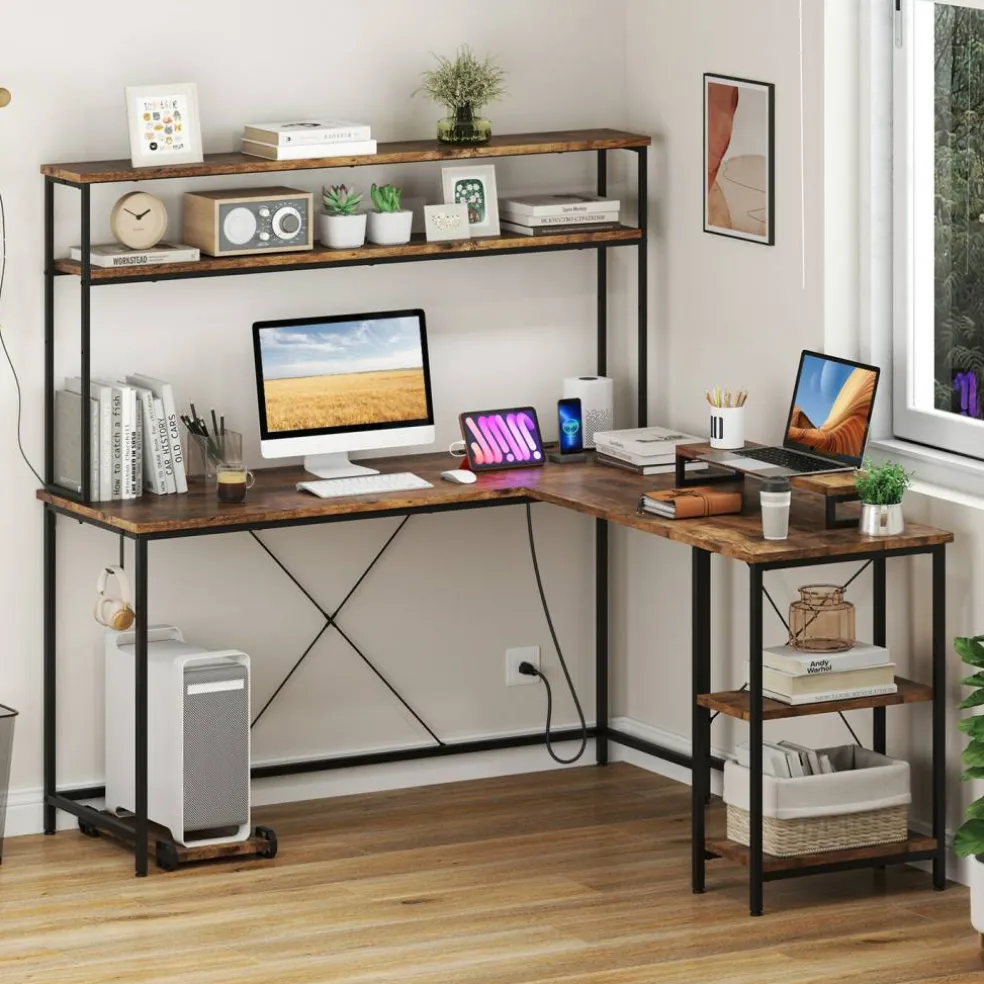 Engineered Wood L-Shaped Desk with LED Lights and Charging Ports