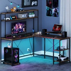 Engineered Wood L-Shaped Desk with LED Lights and Charging Ports