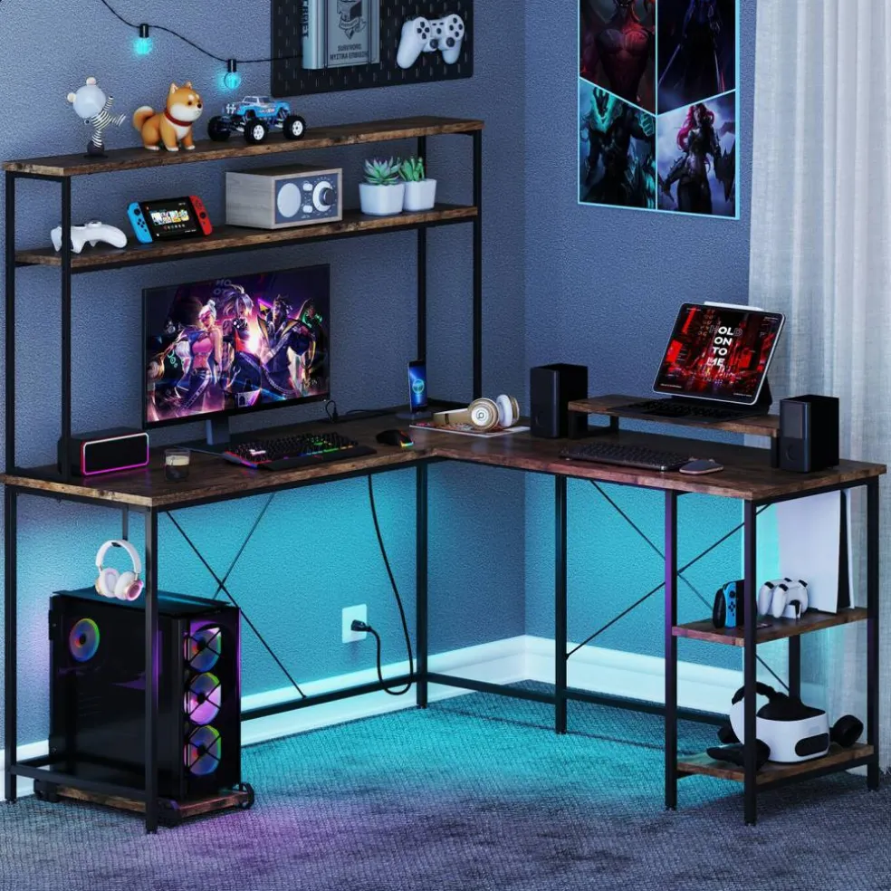 Engineered Wood L-Shaped Desk with LED Lights and Charging Ports