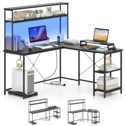 Engineered Wood L-Shaped Desk with LED Lights and Charging Ports