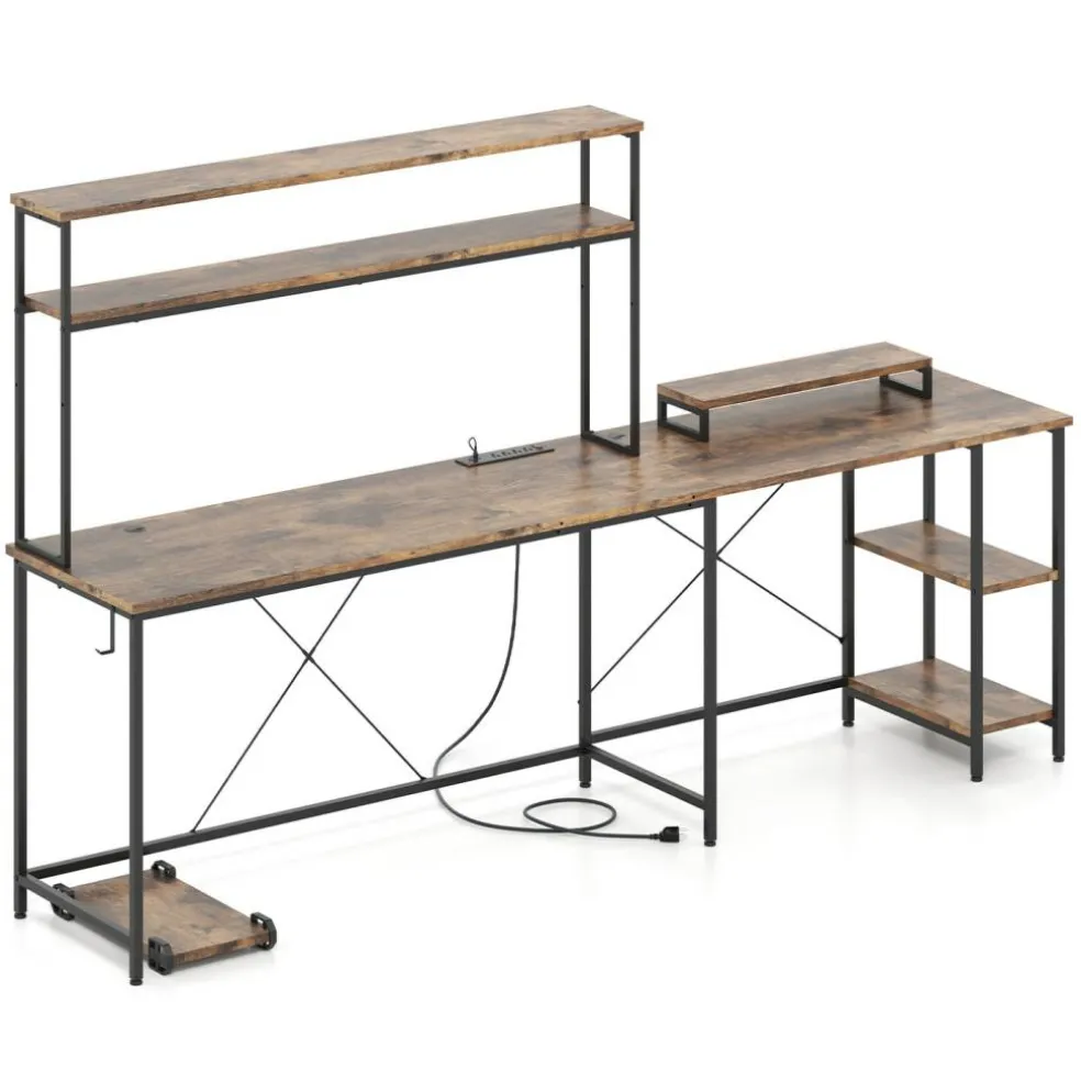 Engineered Wood L-Shaped Desk with LED Lights and Charging Ports