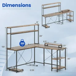 Engineered Wood L-Shaped Desk with LED Lights and Charging Ports