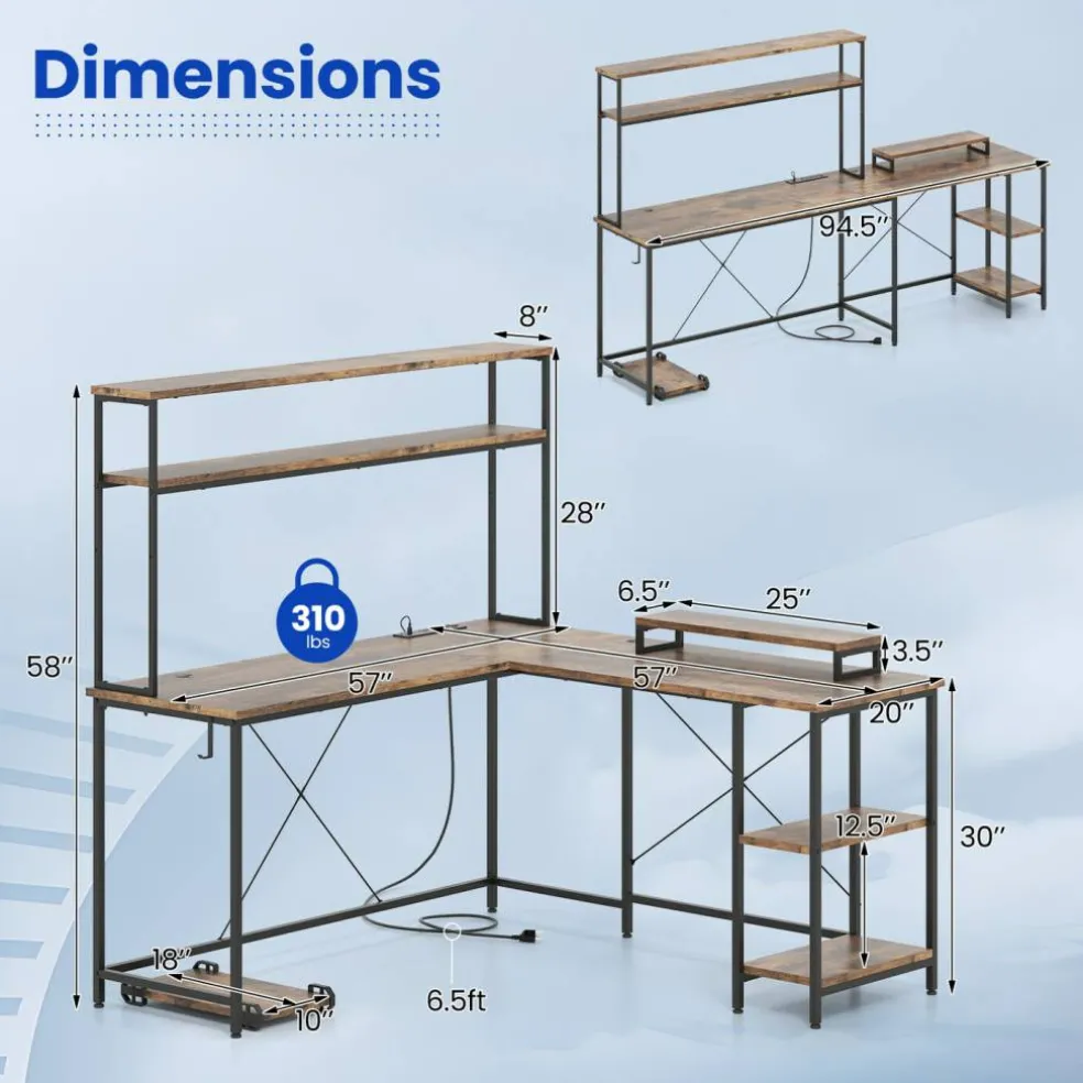 Engineered Wood L-Shaped Desk with LED Lights and Charging Ports