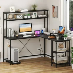 Engineered Wood L-Shaped Desk with LED Lights and Charging Ports