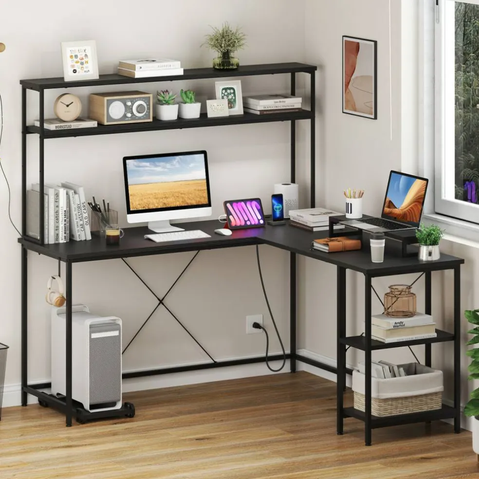 Engineered Wood L-Shaped Desk with LED Lights and Charging Ports