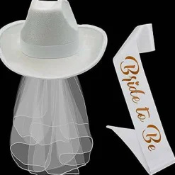 4E's Novelty Bride Cowgirl Hat with Veil & Sash - White Felt Cowboy Hat for Women, Bachelorette Hats