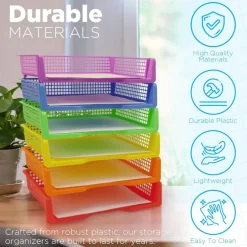 4E's Novelty 6 Colorful Plastic Trays for Teachers, Durable Turn in Trays, Classroom Paper Organizers, Stackable Storage Baskets for Office Desk, Classroom Organization Supplies, 13.3"L x 9.2"W x 3"H