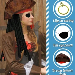 4E's Novelty Eye Patch, Pirate Hat with Dreadlocks Hair & Red Bandana (3 Pcs Set) - Pirate Accessories for Costume, Cosplay & Birthday Party Decors