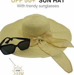 4E's Novelty Floppy Sun Hat with Sunglasses – UPF 50+ Packable Beach Hat for Women Travel