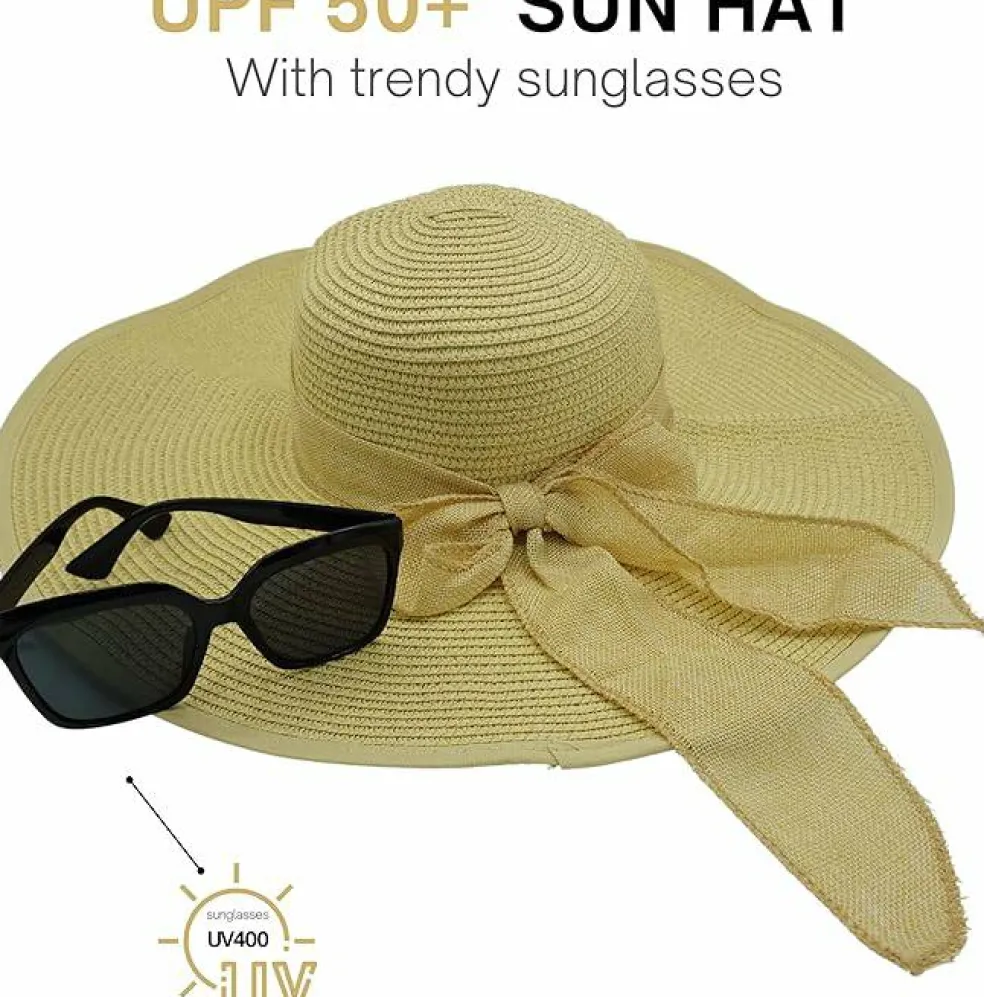 4E's Novelty Floppy Sun Hat with Sunglasses – UPF 50+ Packable Beach Hat for Women Travel