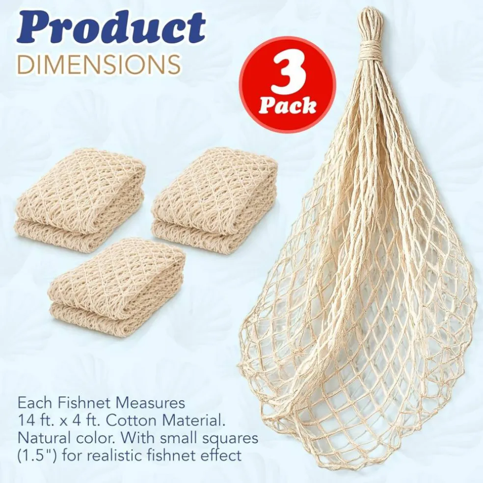 4E's Novelty 3 Pack Fish Net Decorations - Natural Cotton 14ft x 4ft Beach Themed Party Decor