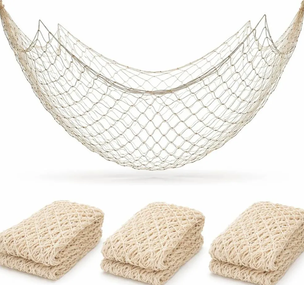 4E's Novelty 3 Pack Fish Net Decorations - Natural Cotton 14ft x 4ft Beach Themed Party Decor