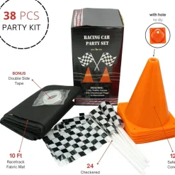 4E's Novelty Race Car Birthday Party Supplies - 38 Pc Set with Race Track Runner, 12 Traffic Cones, 24 Race Flags, Tape