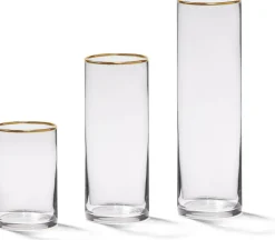 4E's Novelty Set of 3 Glass Cylinder Vases for Centerpieces, 6, 9, 10.5 Inch Tall, 3.5" Wide with Gold Rim, Clear Glass Vase for Candles