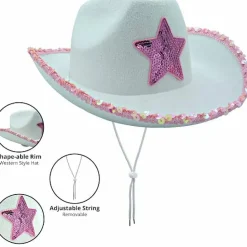4E's Novelty 2 Sets White Cowgirl Hat with Pink Star, Brim Sequins and Light Pink Heart Sunglasses - Sparkly Cowgirl Hat Perfect Cowgirl Costume for Girls