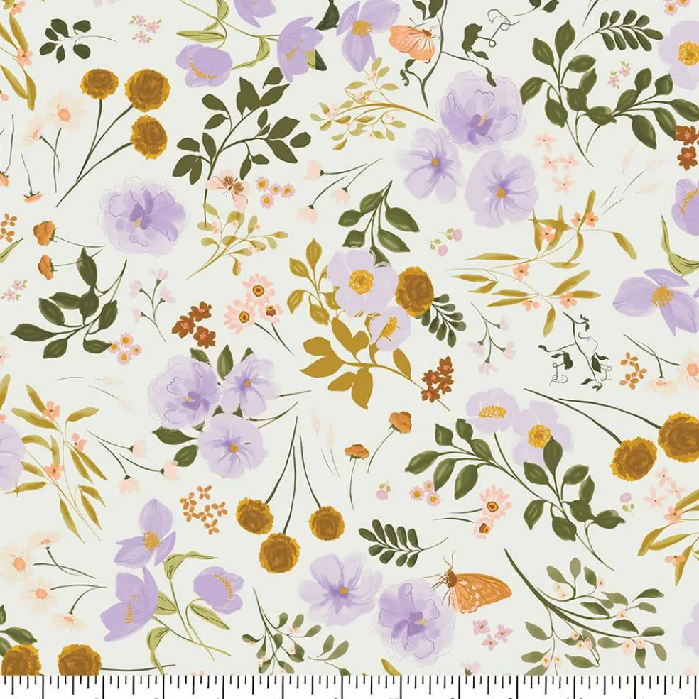 Eugene Textiles Purple & Gold Floral on White Cotton Quilting Fabric