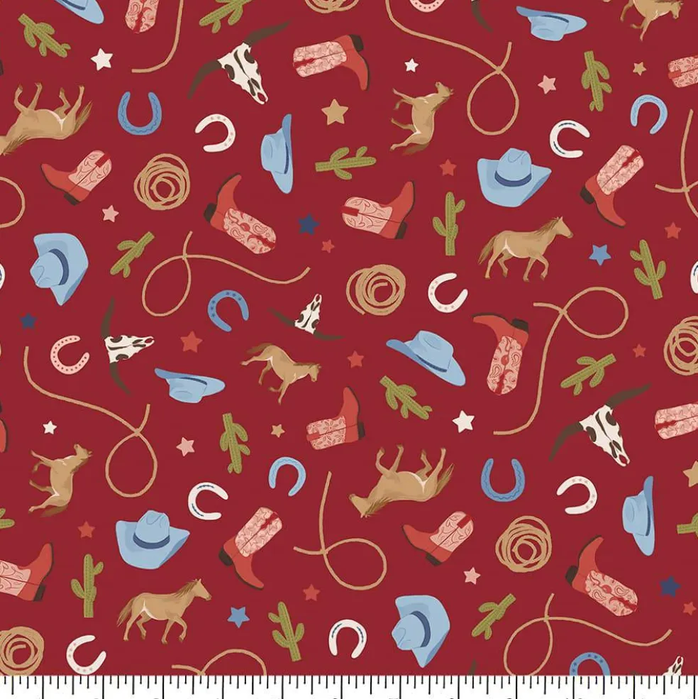 Eugene Textiles Red Cowboy Toss Cotton Quilting Fabric