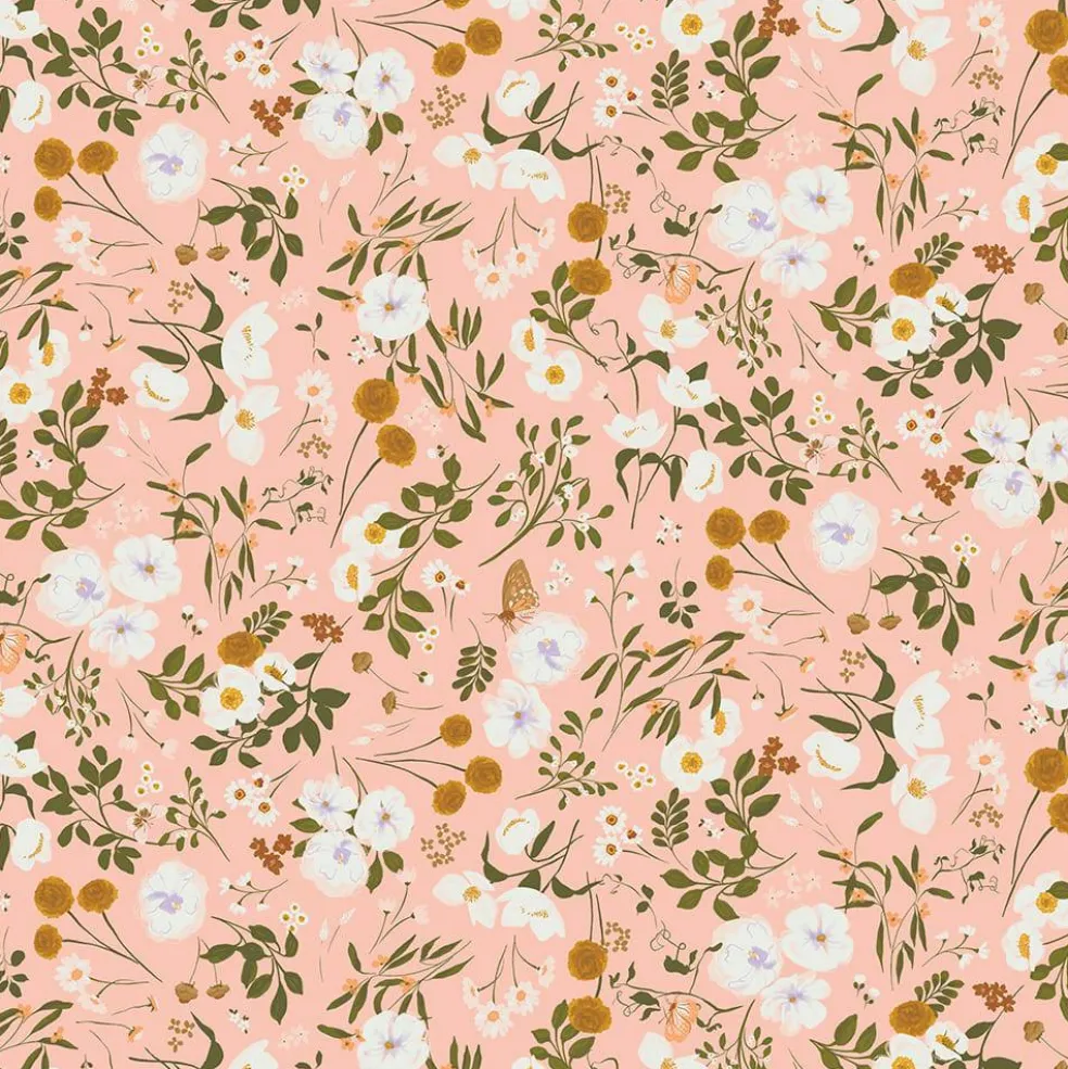 Eugene Textiles White Floral on Coral Cotton Quilting Fabric