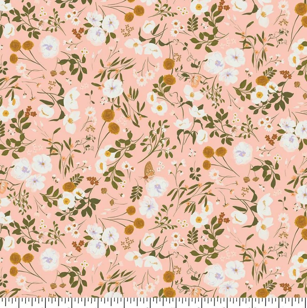 Eugene Textiles White Floral on Coral Cotton Quilting Fabric