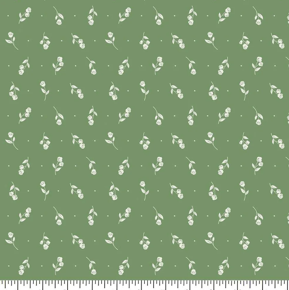 Eugene Textiles White Rose on Green Cotton Quilting Fabric