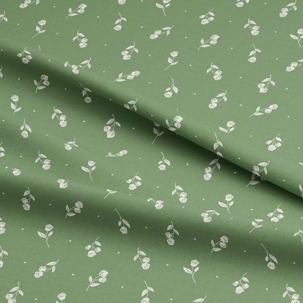 Eugene Textiles White Rose on Green Cotton Quilting Fabric