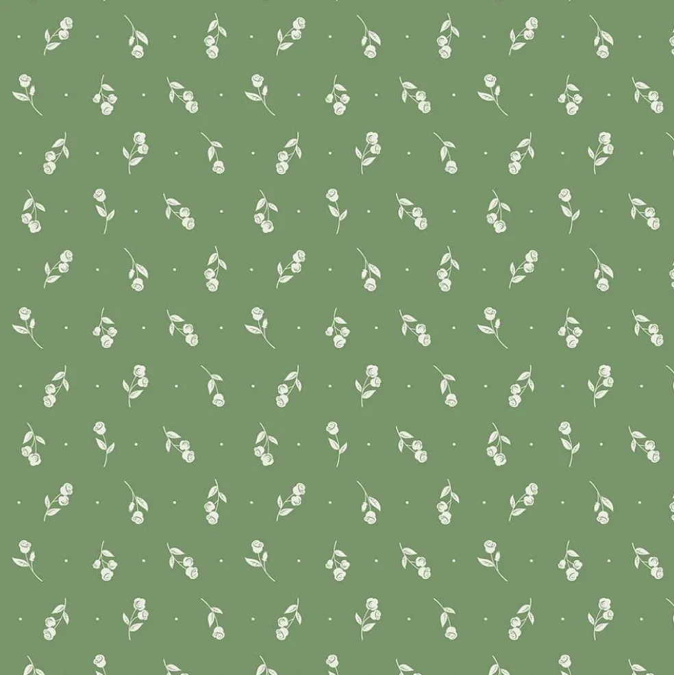 Eugene Textiles White Rose on Green Cotton Quilting Fabric