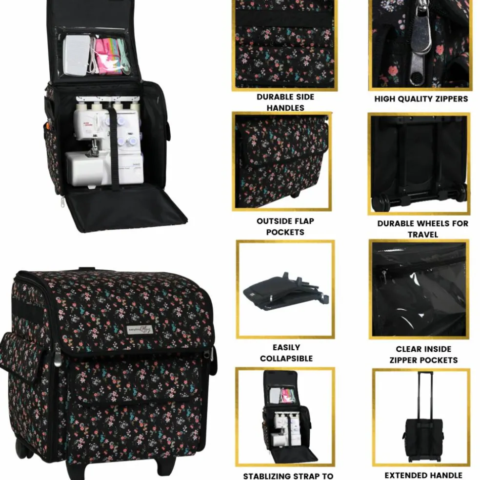 Everything Mary Black Floral Serger Machine Rolling Storage Case