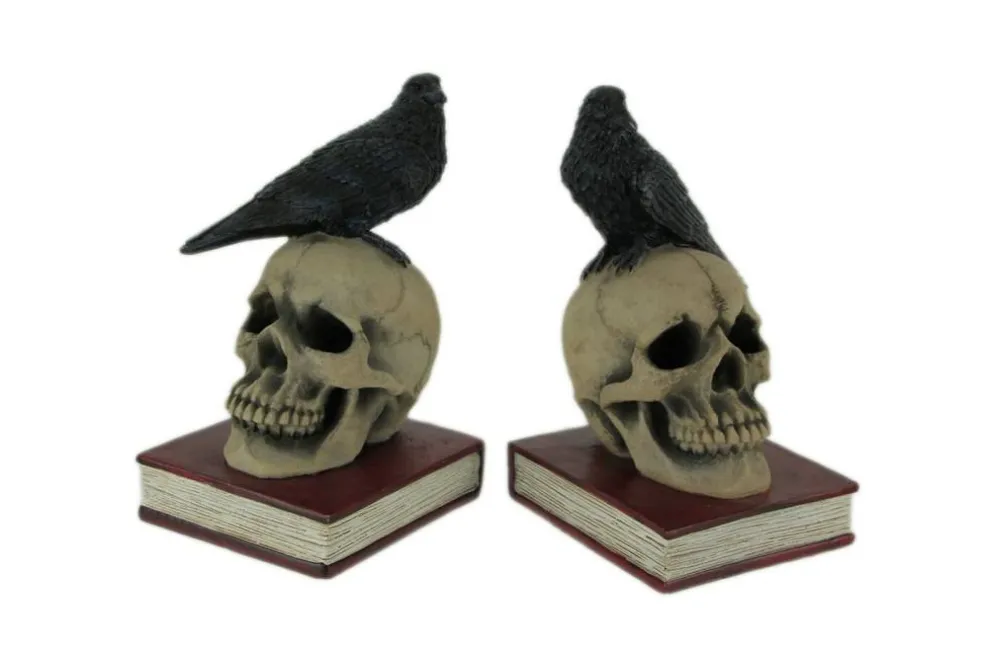 Evil Omen Raven On Skull Perch Decorative Bookend Set