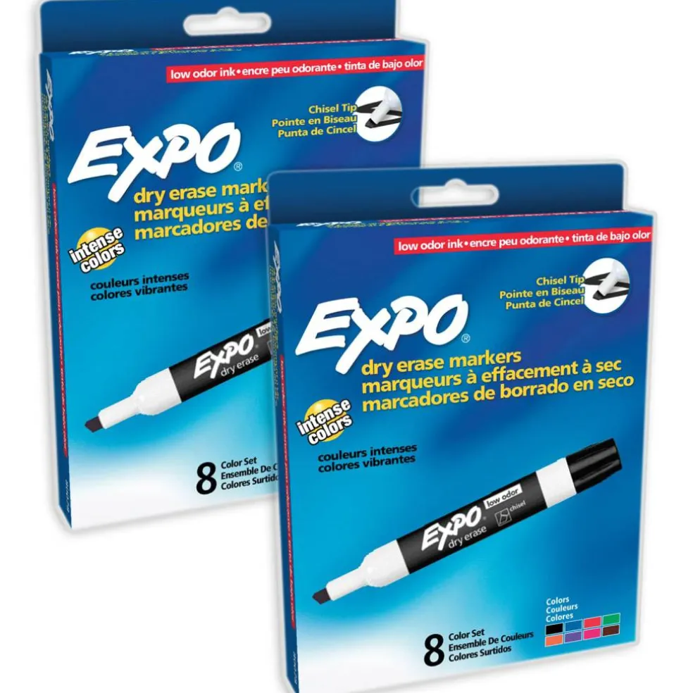 EXPO® Low-Odor Dry Erase Markers, Chisel Tip, 8 Colors, 2 Packs of 16