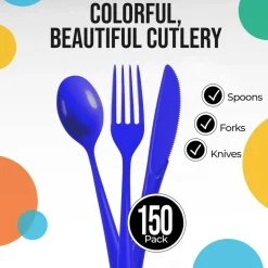Exquisite Polished Plastic Silverware – 150 Pcs Heavy Duty Cutlery Set – 50 Each of Forks, Knives & Spoons – Disposable Utensil Set for Parties, Events & Catering – Flatware Set by Party Solids