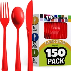 Exquisite Polished Plastic Silverware – 150 Pcs Heavy Duty Cutlery Set – 50 Each of Forks, Knives & Spoons – Disposable Utensil Set for Parties, Events & Catering – Flatware Set by Party Solids