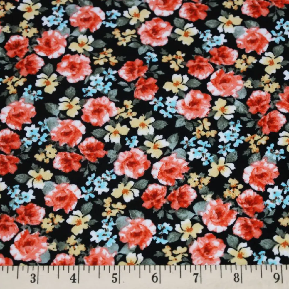 Fabric Merchants Flowers on Black Double Brushed Stretch Fabric