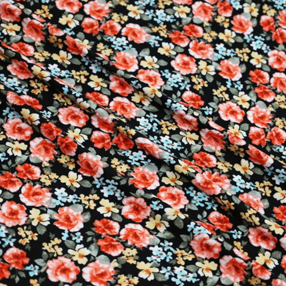 Fabric Merchants Flowers on Black Double Brushed Stretch Fabric