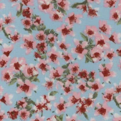 Fabric Merchants Pink Flowers on Blue Double Brushed Stretch Fabric