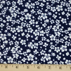 Fabric Merchants White Flowers on Navy Double Brushed Stretch Fabric