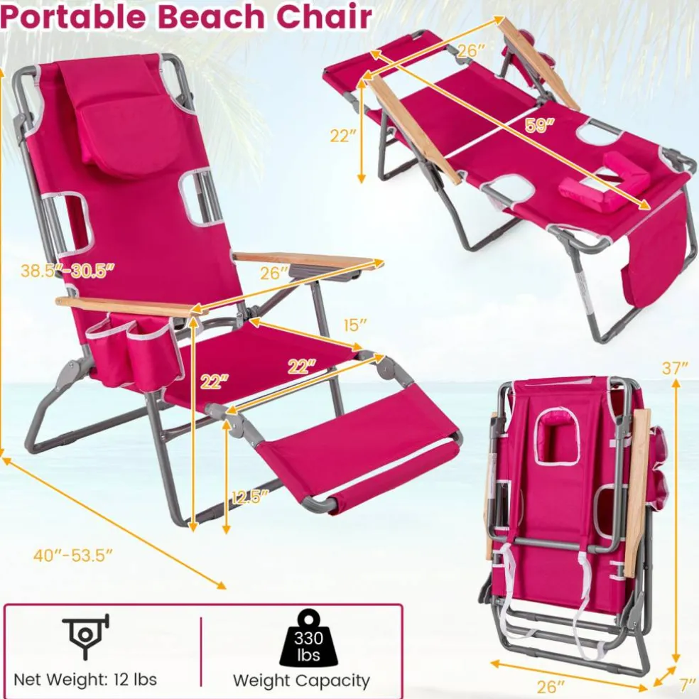 Face Down Folding Beach Chair 3 in 1 Adjustable Recliner with Face Hole