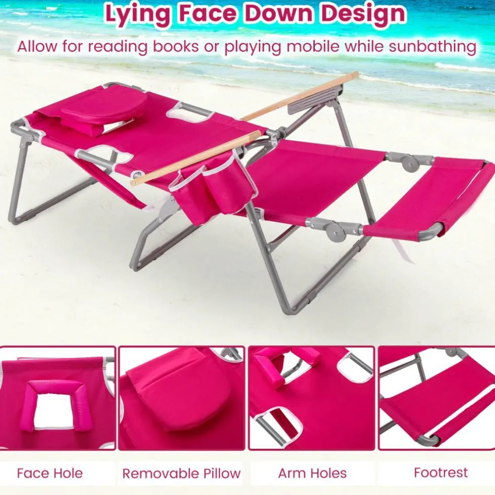 Face Down Folding Beach Chair 3 in 1 Adjustable Recliner with Face Hole