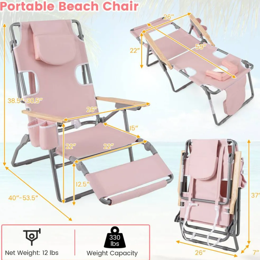 Face Down Folding Beach Chair 3 in 1 Adjustable Recliner with Face Hole