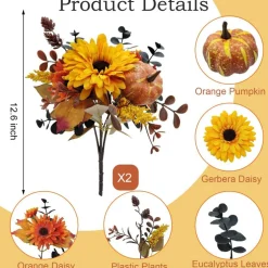 Fall Artificial Flower Bouquets 2 Bundles, Autumn Fake Mums Pumpkin Floral Arrangement with Maple Leaves, Silk Flowers for Vase Centerpieces, Thanksgiving Wedding Halloween Home Decor