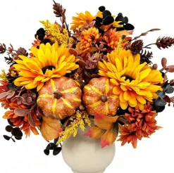 Fall Artificial Flower Bouquets 2 Bundles, Autumn Fake Mums Pumpkin Floral Arrangement with Maple Leaves, Silk Flowers for Vase Centerpieces, Thanksgiving Wedding Halloween Home Decor