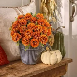 Fall Artificial Mums Flowers, 2PCS 18 Heads Silk Chrysanthemum Bouquet, Faux Orange Fall Flowers for Outdoor Planters, Front Porch, Patio, Indoor Table, Wedding & Autumn Home Decor