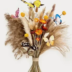 Fall Boho Decor, 17 Inch Dried Flower Bouquet with Pampas Grass, Bunny Tails and 5 Butterflies, Autumn Vase Filler for Coffee Table, Home, Office and Bohemian Decor