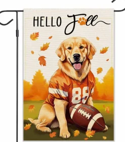 Fall Burlap Garden Flag 12×18 Inch(Football Golden Retriever)