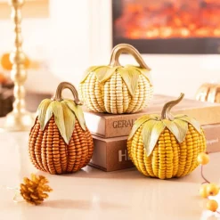 Fall Decorations for Home, Fall Pumpkin Decor, Set of 3 Resin Artificial Corn Decorative Pumpkins Indoor, Table Centerpieces Autumn Thanksgiving Halloween Decorations, 5.1 Inch
