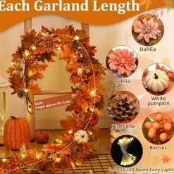 Fall Decorations for Home 6Ft Fall Garland with Lights, Pumpkin Maple Leaf Garland, Artificial Autumn Harvest Mantle Decor, 60 LED Thanksgiving Indoor Outdoor Seasonal Decoration