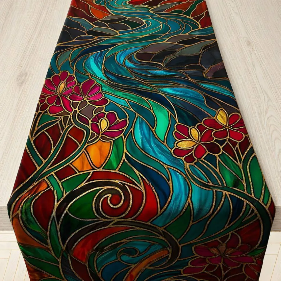 Fall Decor - Stained Glass Table Runner | Fall Decorations for Home - Thanksgiving Friendsgiving Autumn Centerpieces Backdrop Tablecloth for Tables Room Office Kitchen